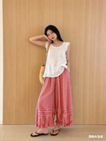 CHOUYATOU Women 2026 Summer Ruffle Hem Crop Cotton Linen Pants Beach Plaid Gingham Wide Leg Pants Palazzos