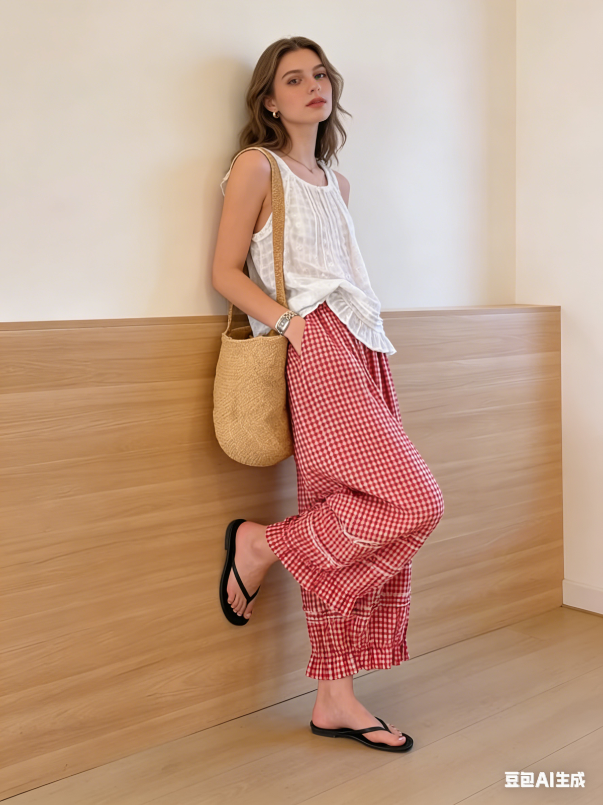 Chouyatou Women Summer Ruffle Hem Crop Cotton Linen Pants Beach Plaid Gingham Wide Leg Pants Palazzos