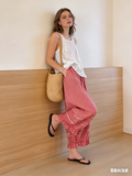 CHOUYATOU Women 2026 Summer Ruffle Hem Crop Cotton Linen Pants Beach Plaid Gingham Wide Leg Pants Palazzos