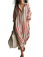 Chouyatou Womens Summer Boho Striped Cotton Dress Long Sleeve Lapel Collar Beach Shirt Dress with pockets