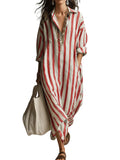 CHOUYATOU Womens Summer Boho Striped Cotton Dress Long Sleeve Lapel Collar Beach Shirt Dress with pockets
