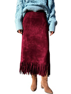 CHOUYATOU Women's Fringe Trim Faux Suede Skirt High Waisted Pencil Dressy Fall Winter Midi Long Skirt