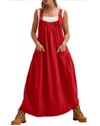 chouyatou Women's Cargo Overall Dress Sleeveless Adjustable Strap Safari Maxi Jumper Dress with Pockets