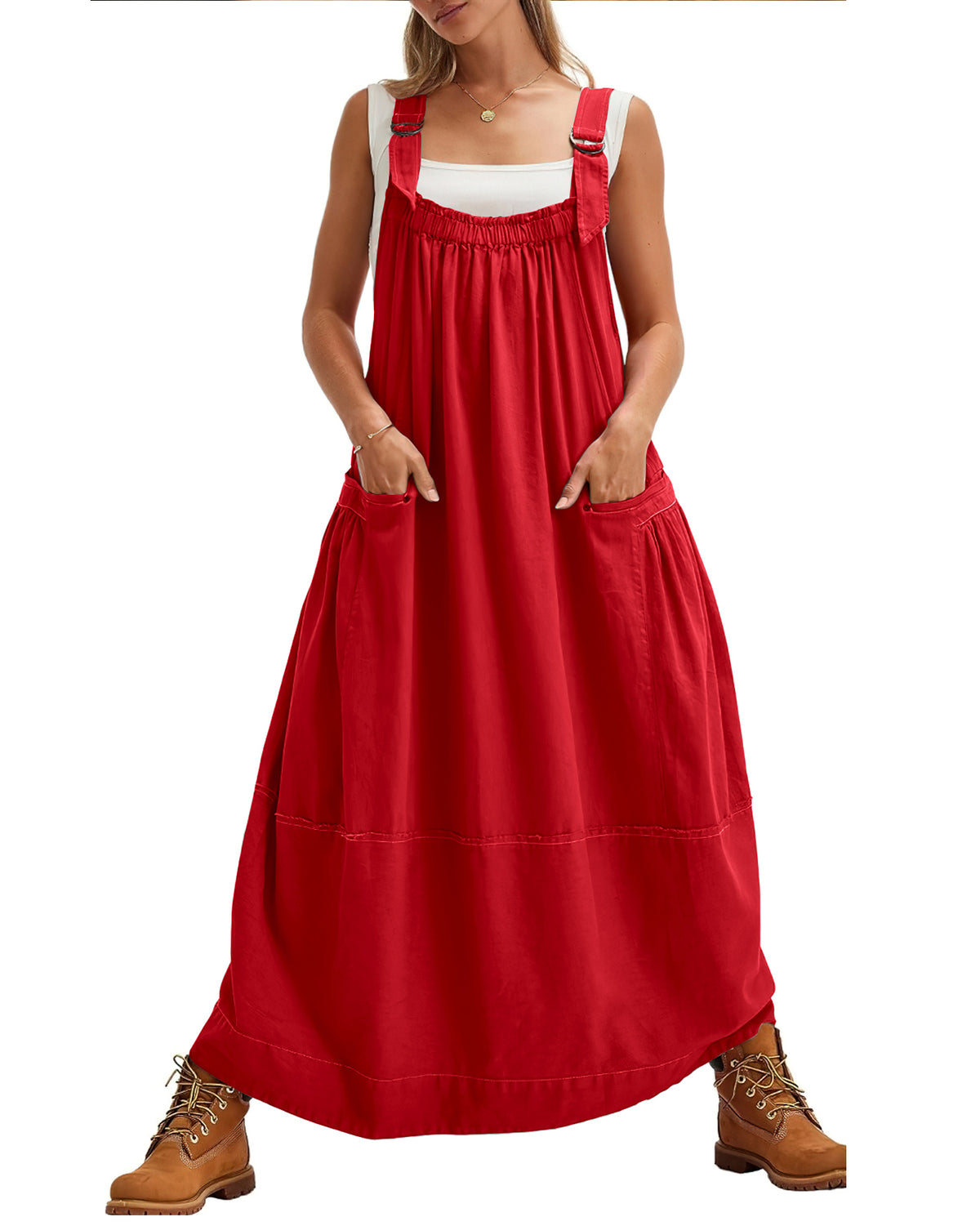 chouyatou Women's Cargo Overall Dress Sleeveless Adjustable Strap Safari Maxi Jumper Dress with Pockets