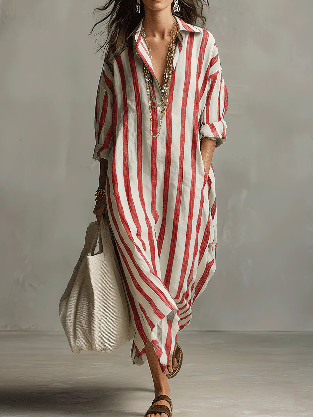 Chouyatou Womens Summer Boho Striped Cotton Dress Long Sleeve Lapel Collar Beach Shirt Dress with pockets