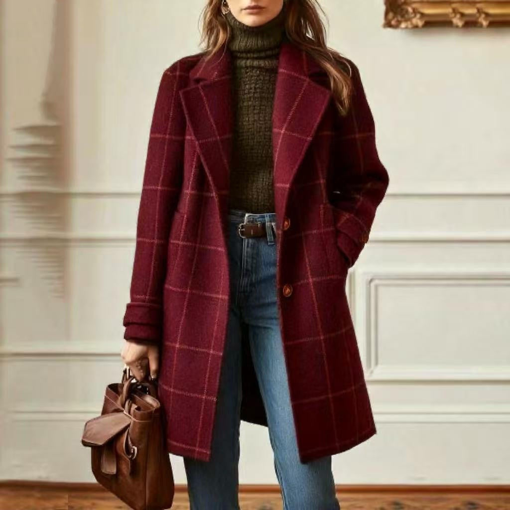 CHOUYATOU Womens Winter Notched Collar Mid Long Plaid Wool Trench Coat  Wool Peacoat,Wool Blend,Single Breasted,Overcoat,Outerwear,Winter Warm,Checkered Print,Dressy,Outfits,Lapel Collar