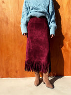 CHOUYATOU Women's Fringe Trim Faux Suede Skirt High Waisted Pencil Dressy Fall Winter Midi Long Skirt