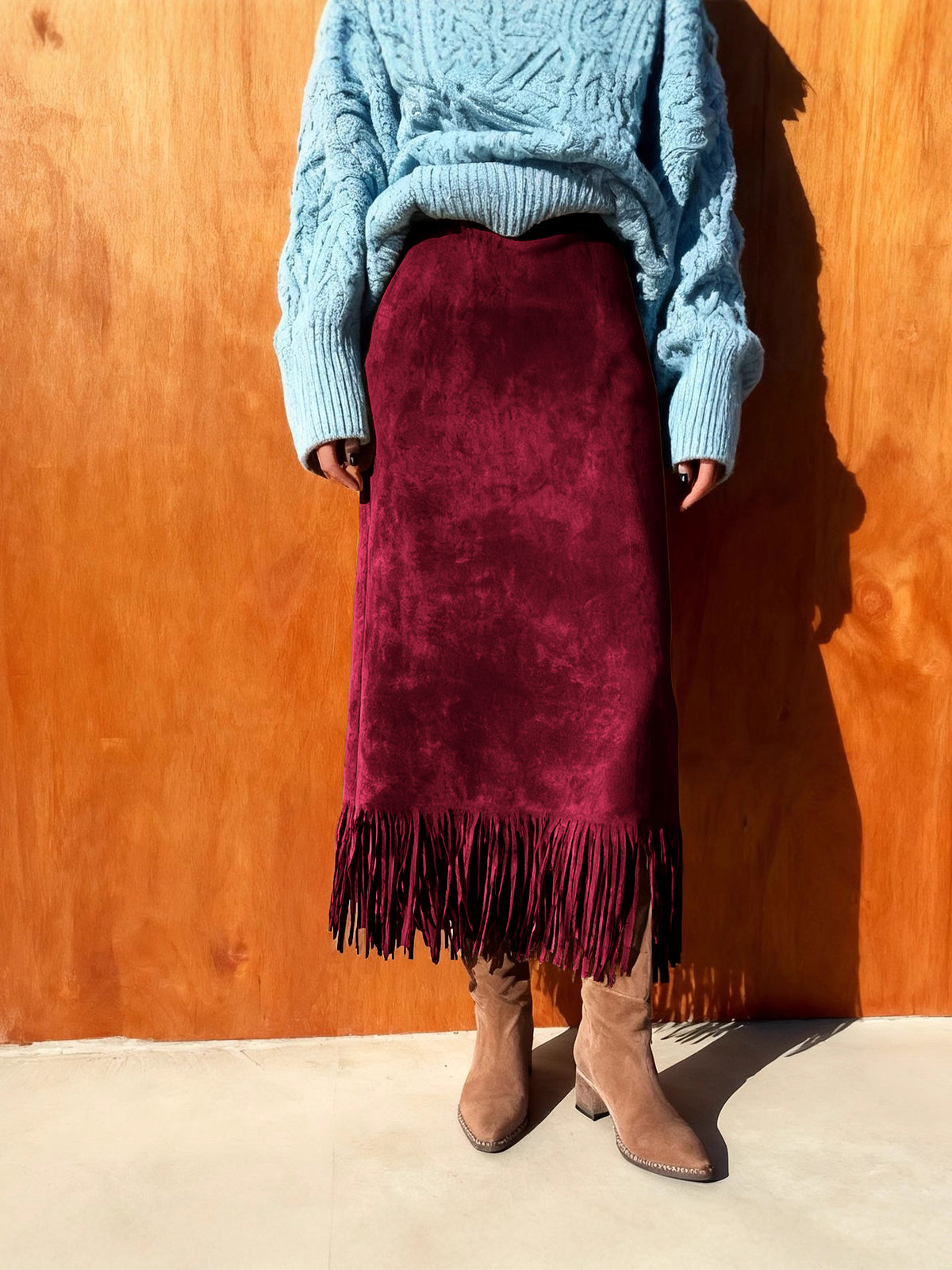 CHOUYATOU Women's Fringe Trim Faux Suede Skirt High Waisted Pencil Dressy Fall Winter Midi Long Skirt