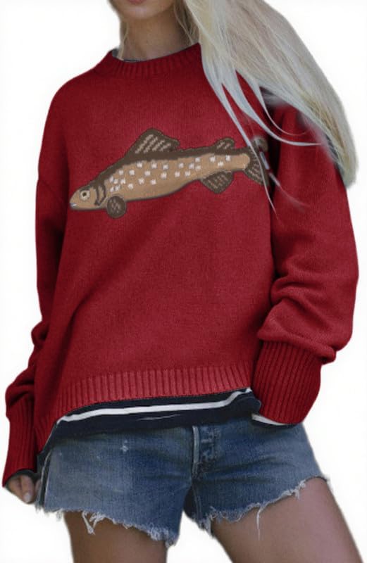 Chouyatou Women Fashion Crew Neck Rib Knit Crucian Carp Graphic Oversized Y2k Pullover Sweater Jumper