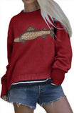 Chouyatou Women Fashion Crew Neck Rib Knit Crucian Carp Graphic Oversized Y2k Pullover Sweater Jumper
