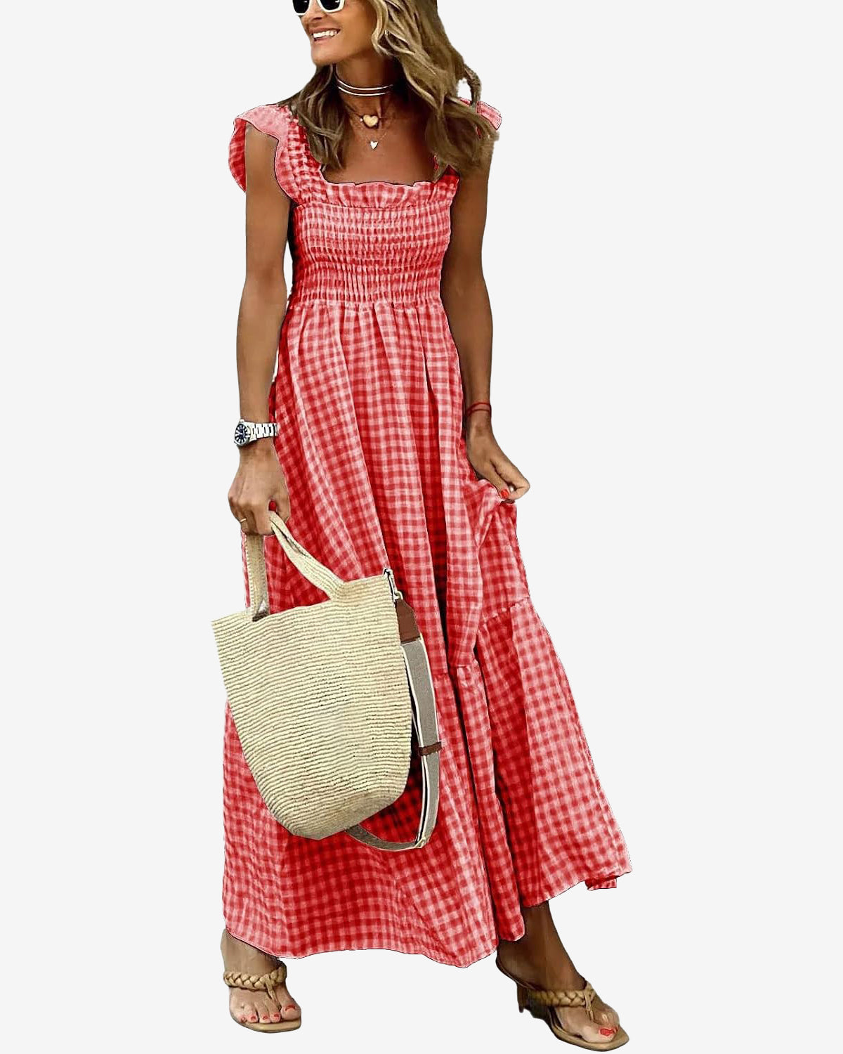 Chouyatou Women's Retro Plaid Smocked Dress Spaghetti Strap Flounce Long Dress