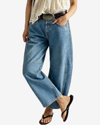 Chouyatou Women Casual Wide Leg Mid Rise Jeans Baggy Barrel Jeans Denim Pull On Pants Sweatpants Y2k Boyfriend Boho Ankle Pant