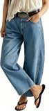 Chouyatou Women Casual Wide Leg Mid Rise Jeans Baggy Barrel Jeans Denim Pull On Pants Sweatpants Y2k Boyfriend Boho Ankle Pant