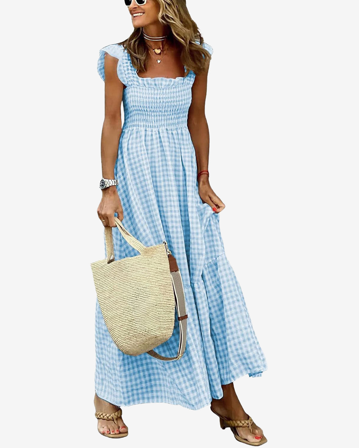 Chouyatou Women's Retro Plaid Smocked Dress Spaghetti Strap Flounce Long Dress
