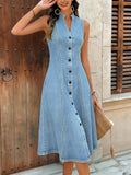 CHOUYATOU Women's Sleeveless Denim Tank Dress V Neck Button Front A Line Midi Jean Sundress with Pockets