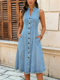 CHOUYATOU Women's Sleeveless Denim Tank Dress V Neck Button Front A Line Midi Jean Sundress with Pockets