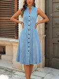 CHOUYATOU Women's Sleeveless Denim Tank Dress V Neck Button Front A Line Midi Jean Sundress with Pockets