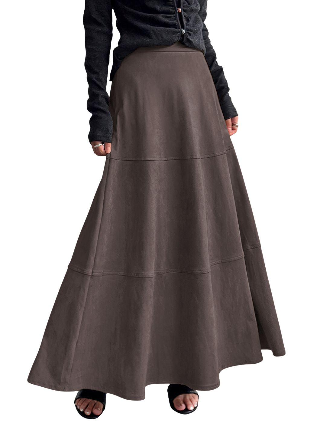 CHOUYATOU Women's Elegant Ruffle Faux Suede Leather Skirt High Waisted A Line Fall Winter Maxi Long Skirt