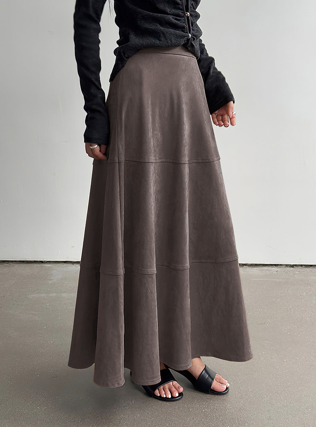 CHOUYATOU Women's Elegant Ruffle Faux Suede Leather Skirt High Waisted A Line Fall Winter Maxi Long Skirt