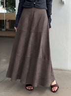 CHOUYATOU Women's Elegant Ruffle Faux Suede Leather Skirt High Waisted A Line Fall Winter Maxi Long Skirt