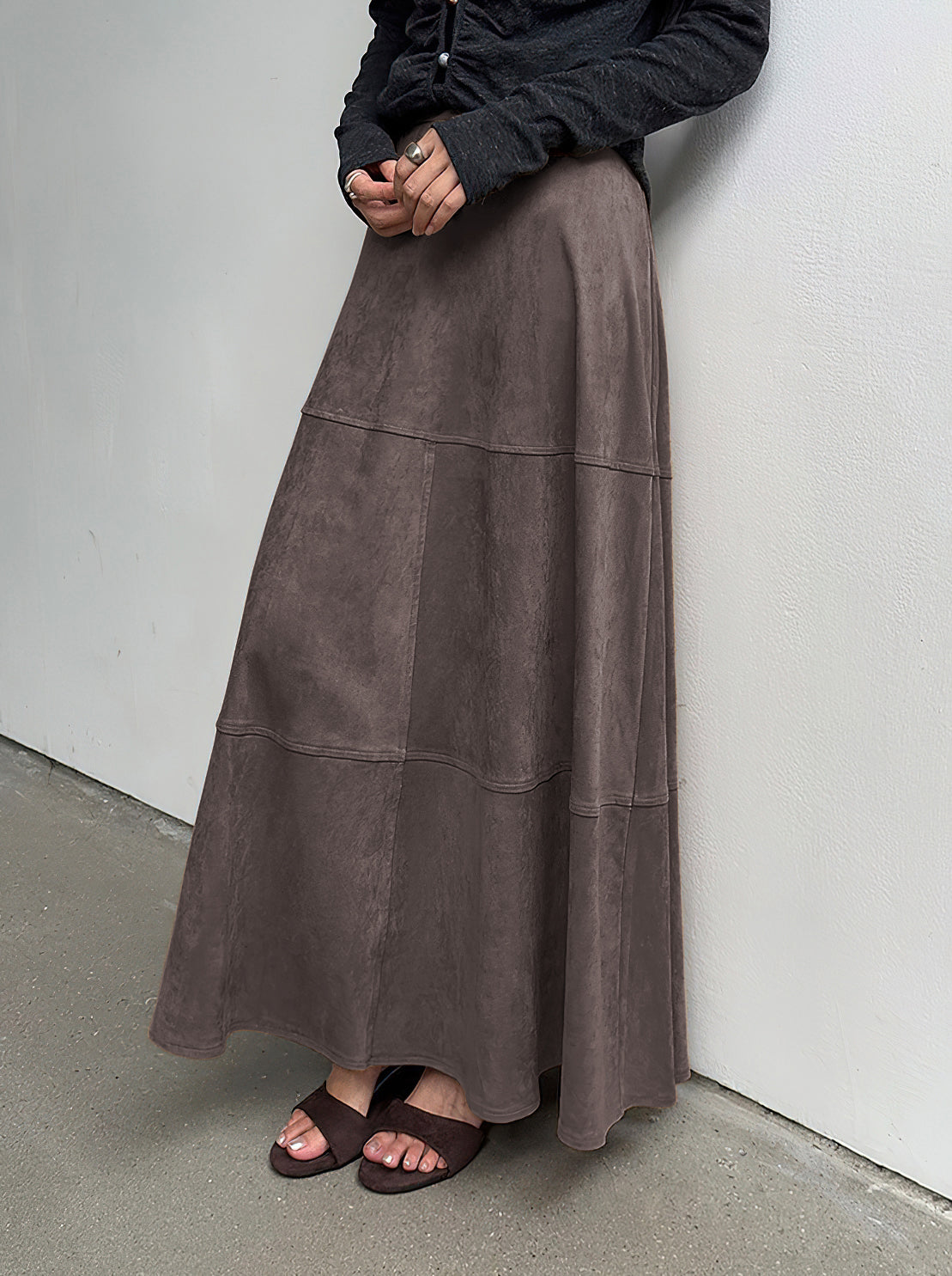 CHOUYATOU Women's Elegant Ruffle Faux Suede Leather Skirt High Waisted A Line Fall Winter Maxi Long Skirt