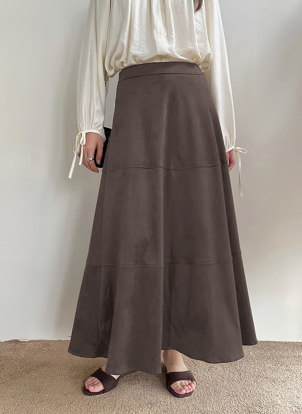 CHOUYATOU Women's Elegant Ruffle Faux Suede Leather Skirt High Waisted A Line Fall Winter Maxi Long Skirt