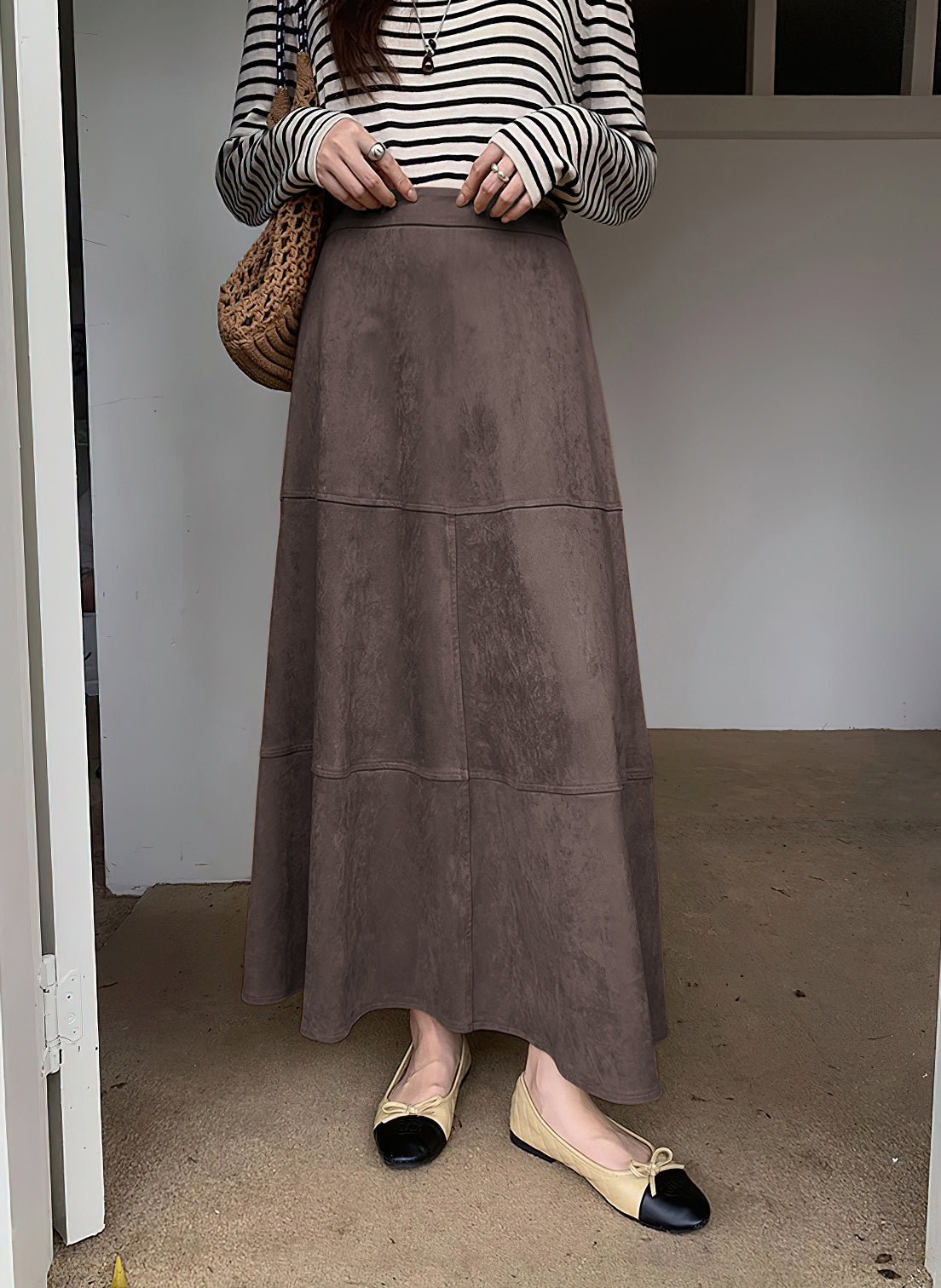 CHOUYATOU Women's Elegant Ruffle Faux Suede Leather Skirt High Waisted A Line Fall Winter Maxi Long Skirt