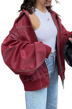Chouyatou Women's Faux Leather Motorcycle Jacket Oversized Zip Up Winter Coat Outerwear Fall Fashion Clothes