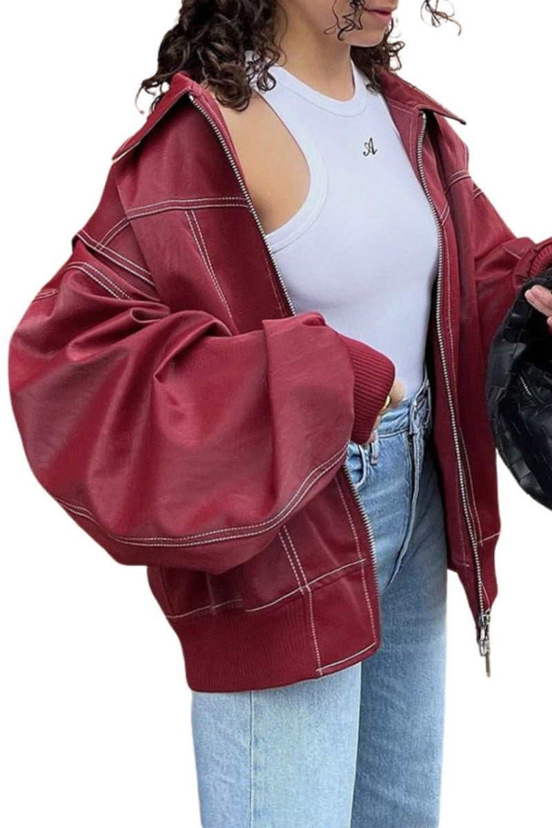 Chouyatou Women's Faux Leather Motorcycle Jacket Oversized Zip Up Winter Coat Outerwear Fall Fashion Clothes