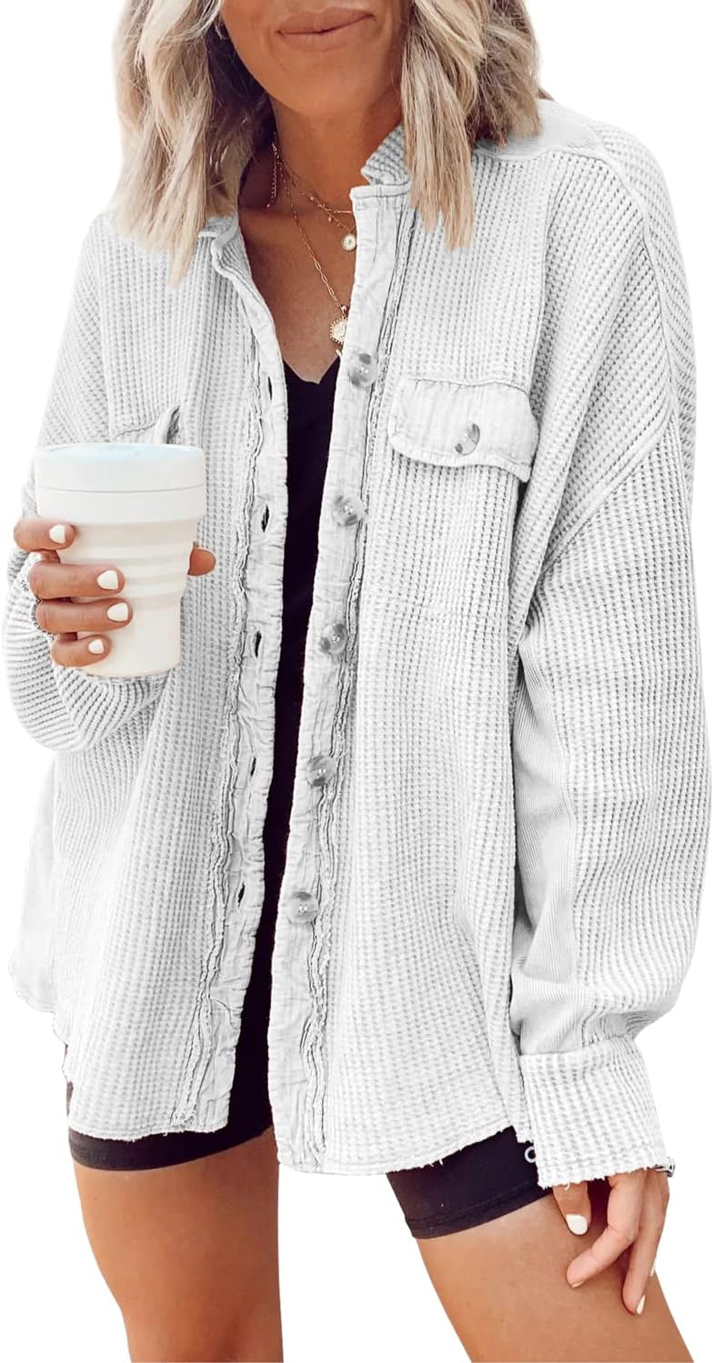 Chouyatou Women's Loose Fit Batwing Sleeve Waffle Knit Button Down Shirt Shacket Tops