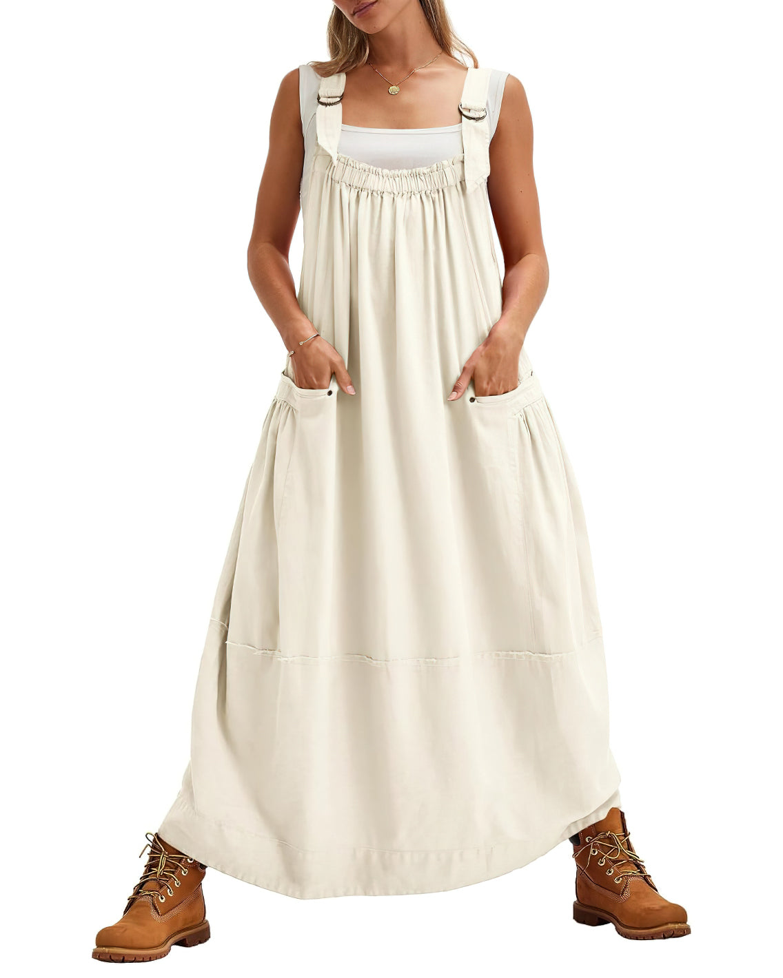 chouyatou Women's Cargo Overall Dress Sleeveless Adjustable Strap Safari Maxi Jumper Dress with Pockets