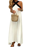 Chouyatou Womens Criss Cross Halter Neck Dress Sleeveless Sexy Backless Boho Maxi Long Cotton Linen Dress