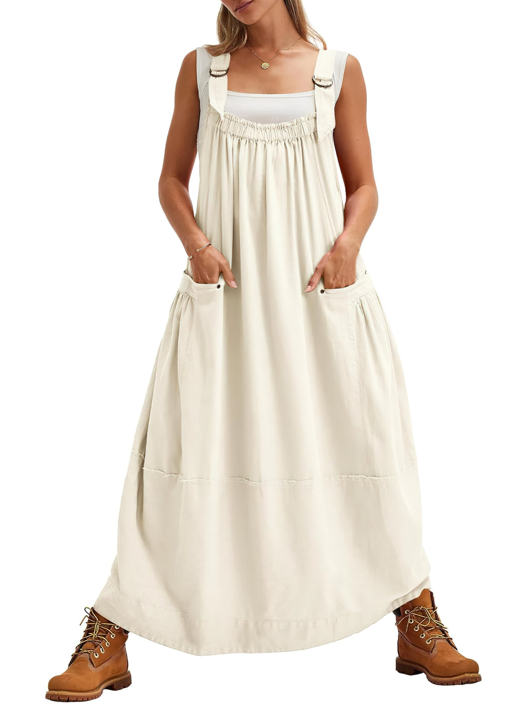 chouyatou Women's Cargo Overall Dress Sleeveless Adjustable Strap Safari Maxi Jumper Dress with Pockets