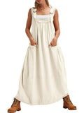 chouyatou Women's Cargo Overall Dress Sleeveless Adjustable Strap Safari Maxi Jumper Dress with Pockets