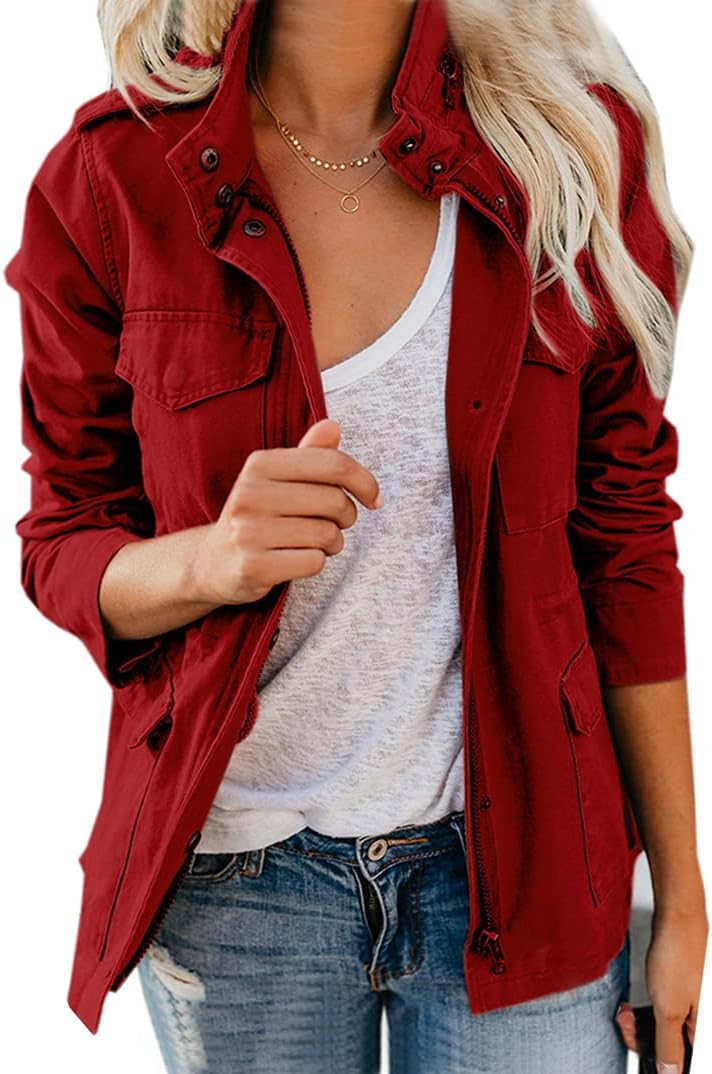 Chouyatou Women's Fall Stand Collar Zip Up Military Cotton Utility Safari Jacket