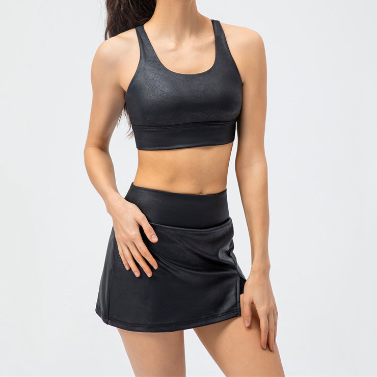 Chouyatou Women High Elastic Imitation Leather Yoga Tight Skirt Fitness Two-Piece Set