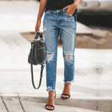Chouyatou Womens Slim Fit Mid Waist Straight Leg Ripped Distressed Holes Classic Denim Patches Jeans