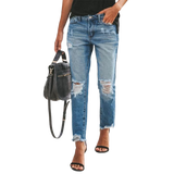 Chouyatou Womens Slim Fit Mid Waist Straight Leg Ripped Distressed Holes Classic Denim Patches Jeans