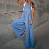 Chouyatou Women Fashion Casual Solid Pocket Spaghetti Strap Loose Jumpsuits