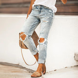 Chouyatou Women Shredded Straight Street Denim Trousers