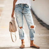 Chouyatou Women Shredded Straight Street Denim Trousers