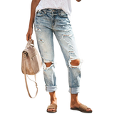 Chouyatou Women Shredded Straight Street Denim Trousers