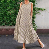 Chouyatou Women Casual Loose-Fit Cotton and Linen Plaid Tank Maxi Dress with Pockets