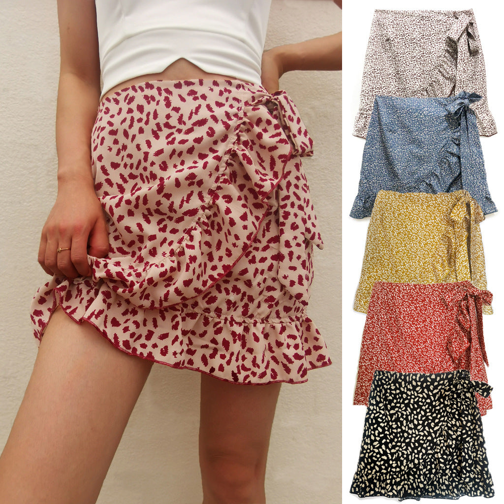 Chouyatou Women High Waist Tie Ruffle Irregular Print Skirt
