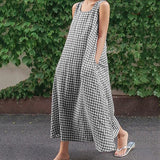 Chouyatou Women Casual Loose-Fit Cotton and Linen Plaid Tank Maxi Dress with Pockets