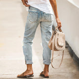 Chouyatou Women Shredded Straight Street Denim Trousers