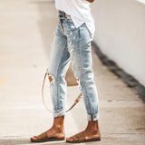 Chouyatou Women Shredded Straight Street Denim Trousers