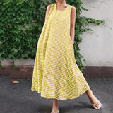 Chouyatou Women Casual Loose-Fit Cotton and Linen Plaid Tank Maxi Dress with Pockets