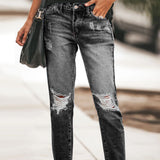 Chouyatou Womens Slim Fit Mid Waist Straight Leg Ripped Distressed Holes Classic Denim Patches Jeans