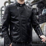Chouyatou Men Zipper Stand-up Collar Artificial PU Leather Jacket